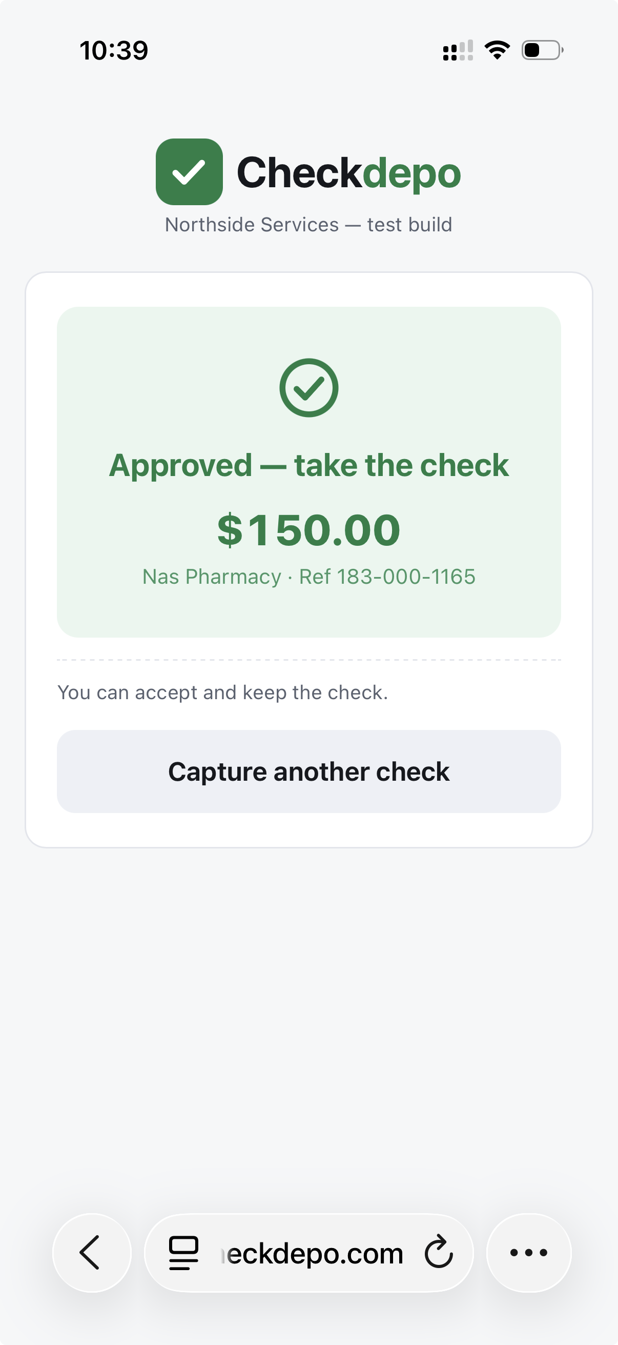 Checkdepo approval screen showing a $150.00 check approved for Nas Pharmacy, with a green checkmark and a button to capture another check.