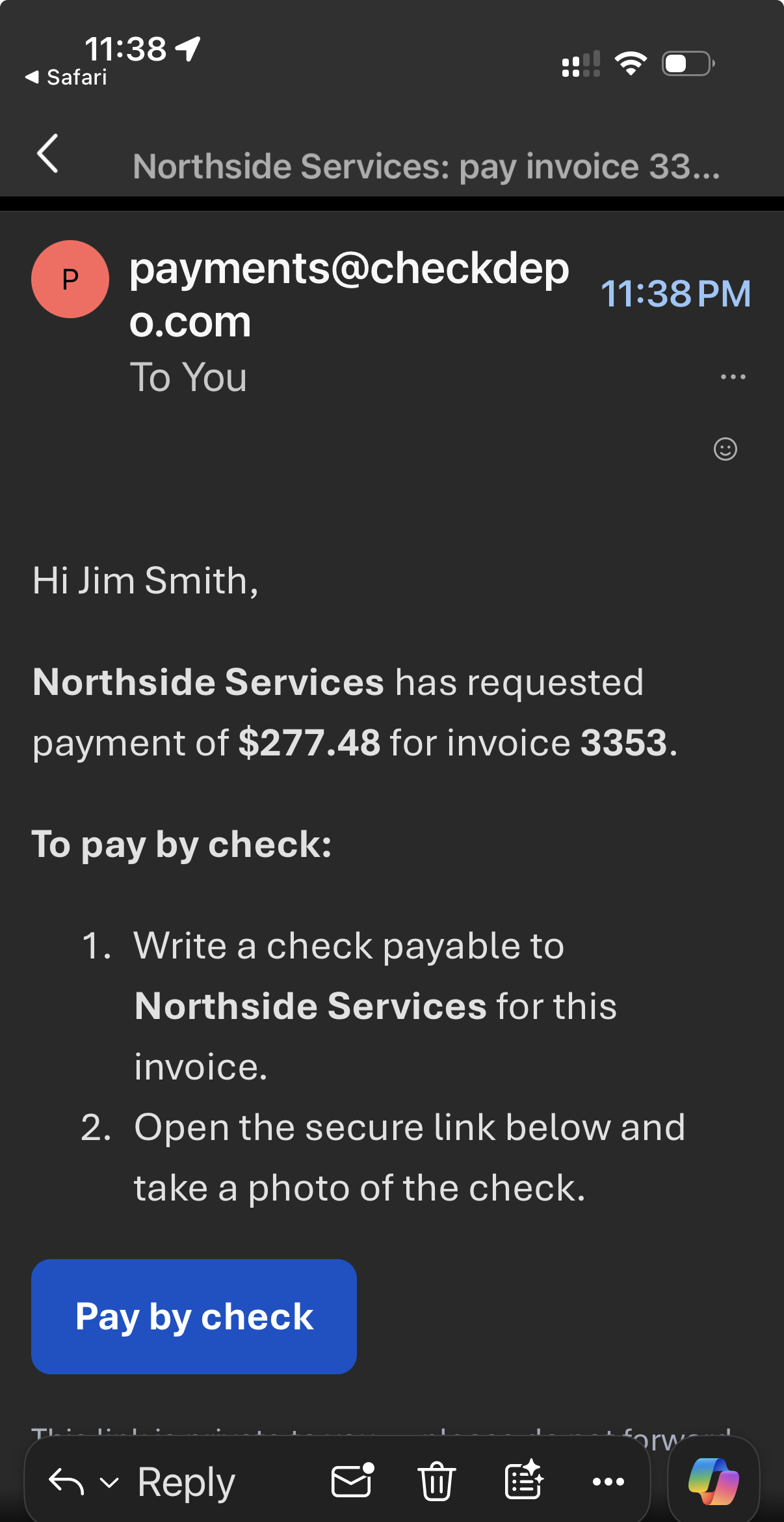 Payment request email from Checkdepo: Northside Services requesting $277.48 for invoice 3353, with a Pay by check button.