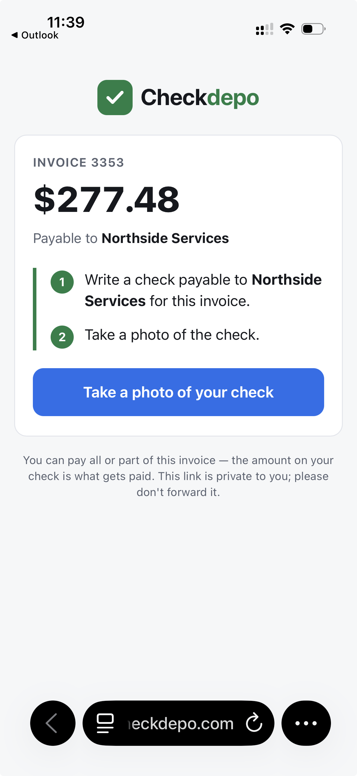 Checkdepo customer pay page for invoice 3353: $277.48 payable to Northside Services, with a button to photograph the check.